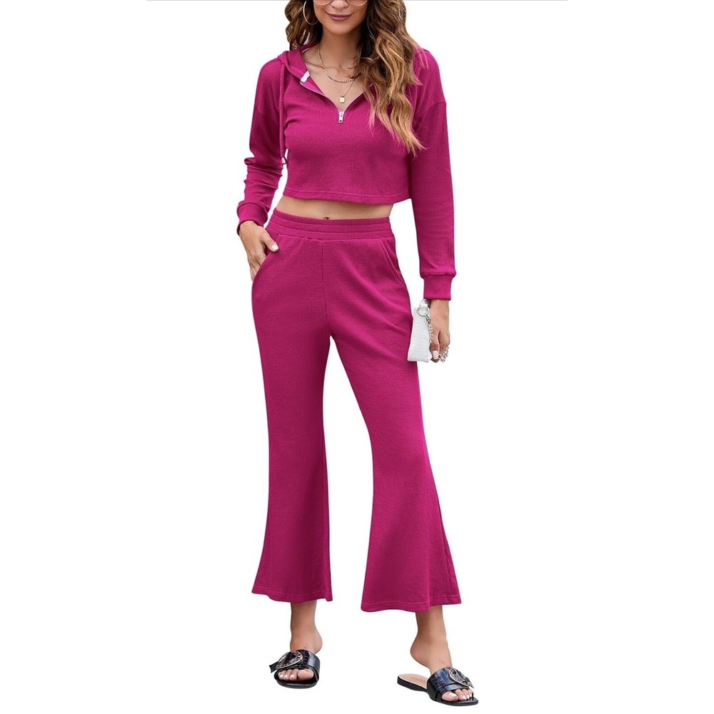 Vintage Modern Fixmatti 2 Piece Waffle Knit Crop Hoodie Flared Pants Red L